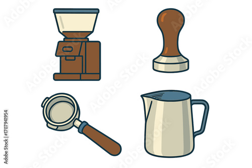 Professional coffee preparation equipment set with grinder, tamper, portafilter, and milk pitcher for baristas and home brewing enthusiasts