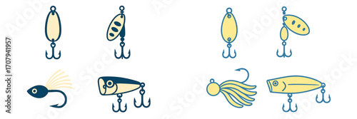 Diverse set of fishing lures, including spoons, spinners, jigs, and crankbaits, with various hooks for recreational angling and sport fishing
