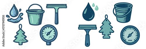 Collection of household cleaning equipment, water drops, and car air freshener symbols with a stylish vintage textured effect