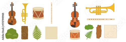 Traditional musical instruments with natural elements: violins, trumpets, drums, flutes, bushes, tree trunks, fern leaves