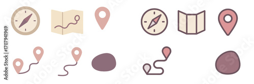 Collection of navigation and location icons including compasses, folded maps, and various map pin markers with routes