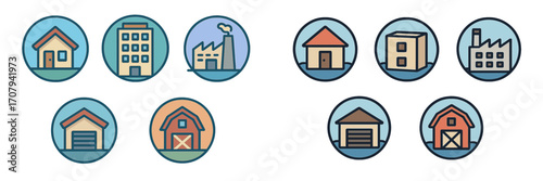 Diverse building types including residential homes, commercial offices, industrial factories, and agricultural barns