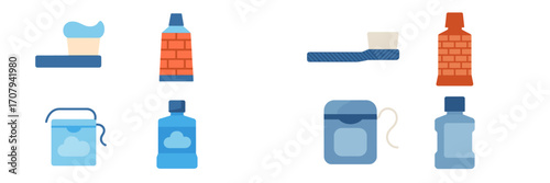 Oral hygiene products collection with toothbrushes, toothpaste, mouthwash, and dental floss