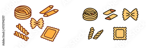 Assortment of different pasta shapes including penne, fusilli, farfalle, tagliatelle, and ravioli