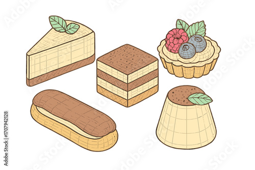 Assortment of delicious sweet pastries and cakes including cheesecake tiramisu eclair and fruit tart
