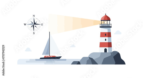Lighthouse guiding sailboat on the sea.