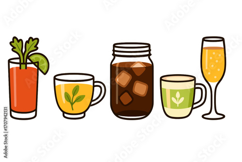 Assortment of refreshing beverages in different glasses and mugs, including coffee, tea, juice, and sparkling wine