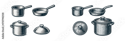 Essential kitchen cooking pots, saucepans, frying pans, and lids for culinary preparation and household use