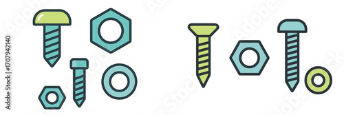 Assortment of metal screws, hexagonal nuts, and round washers for construction and DIY projects, various types