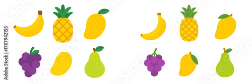 Assortment of fresh healthy fruits including banana, pineapple, mango, grape, and pear in a vibrant color palette