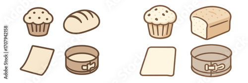 Sweet and savory baked items with baking tools for home cooking and professional pastry making including muffins, bread, dough, and pans