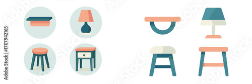 Collection of modern household furniture items including bedside tables, floor lamps, and bar stools