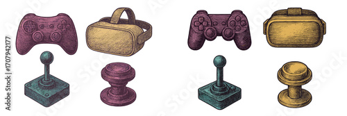 Collection of classic and contemporary gaming controllers, virtual reality headsets, and arcade joysticks