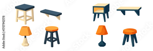 Isometric home furniture pieces including stools, benches, nightstand, and table lamps for modern interior design concepts