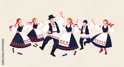 Joyful men and women performing a traditional European folk dance.