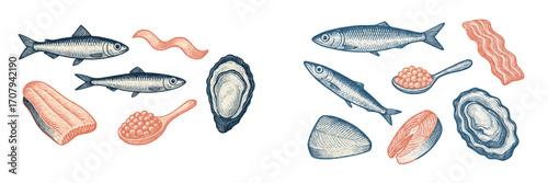 Delicious fresh seafood collection featuring whole fish, salmon fillets, oysters, and red caviar