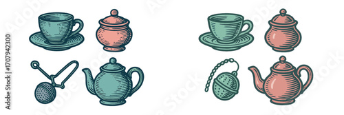 Collection of vintage tea ceremony items including teacups, saucers, teapots, sugar bowls, and tea infusers