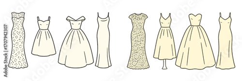 Elegant collection of various wedding dress styles and bridal gown silhouettes for fashion design and bridal wear