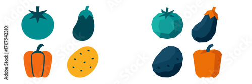 Assortment of fresh garden vegetables rendered with smooth flat design and modern low poly faceted appearance