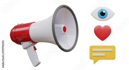 Isolated Red-and-White Megaphone with Social-Media Icons, Symbolizing Amplification, Influence, and Message