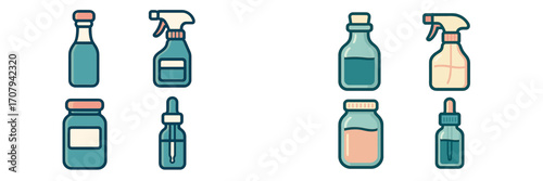Diverse collection of stylized liquid storage containers, including spray bottles, dropper bottles, and jars for household and personal care items