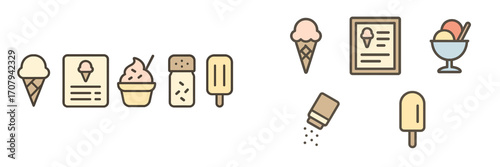 Assortment of sweet frozen desserts featuring ice cream cones, sundaes, popsicles, soft serve, and sprinkles