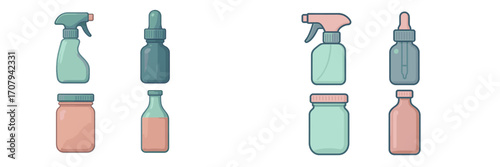 Collection of various household and cosmetic liquid containers including spray bottles, dropper bottles, and jars
