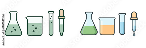 Essential scientific research tools featuring various laboratory glassware filled with colorful chemical solutions and reagents