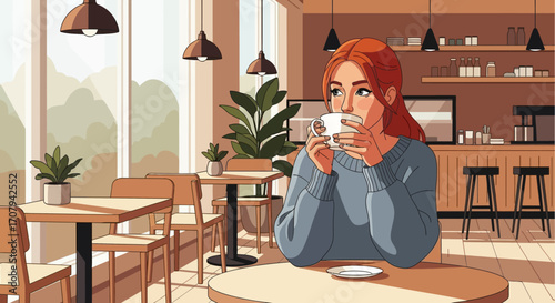 Woman enjoying coffee in a cozy cafe, a moment of peace and tranquility, illustration