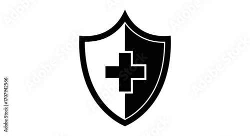 Shield emblem featuring a medical cross, representing health, safety, and protection in a monochrome design
