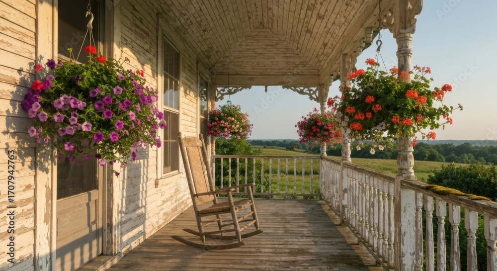 Naklejka premium Rustic Aesthetic Veranda with Blooming Flowers and Rocking Chairs