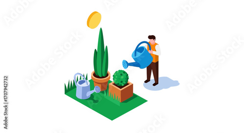 Man Watering Potted Plants in a Small Garden.