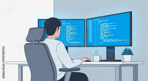 Man coding on dual monitors at a desk with a coffee cup and plant.
