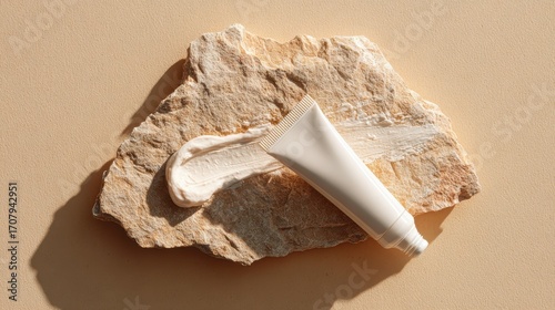 Minimalist Skincare - Tube and Cream on Natural Stone.