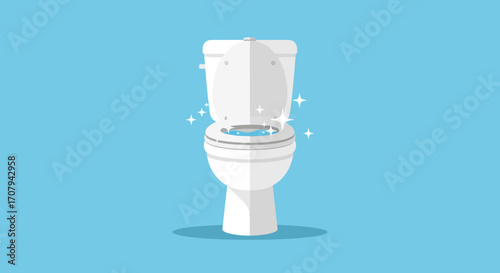 A clean, white toilet with the lid open, shining, against a light blue background.