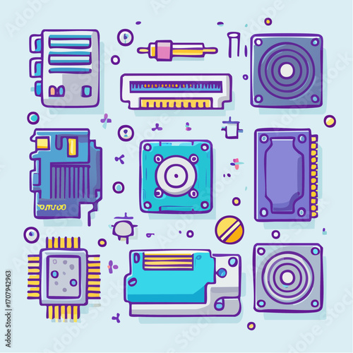 Set of colorful computer hardware parts and electronic components for PC building, illustrated in a modern flat design icon style