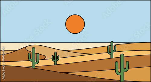 Minimalist desert landscape with saguaro cacti and sun.