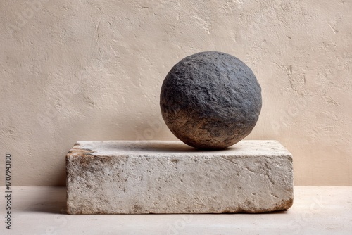 Minimalist Still Life - Sphere on Stone Block Against Textured Background.