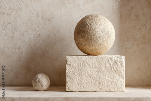Minimalist Still Life - Stone Sphere and Block on Textured Surface.