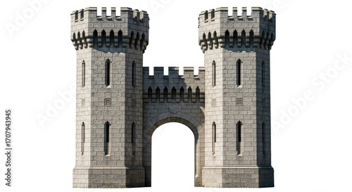 Photography Isolated medieval gatehouse featuring two towers and an archway entrance in ston