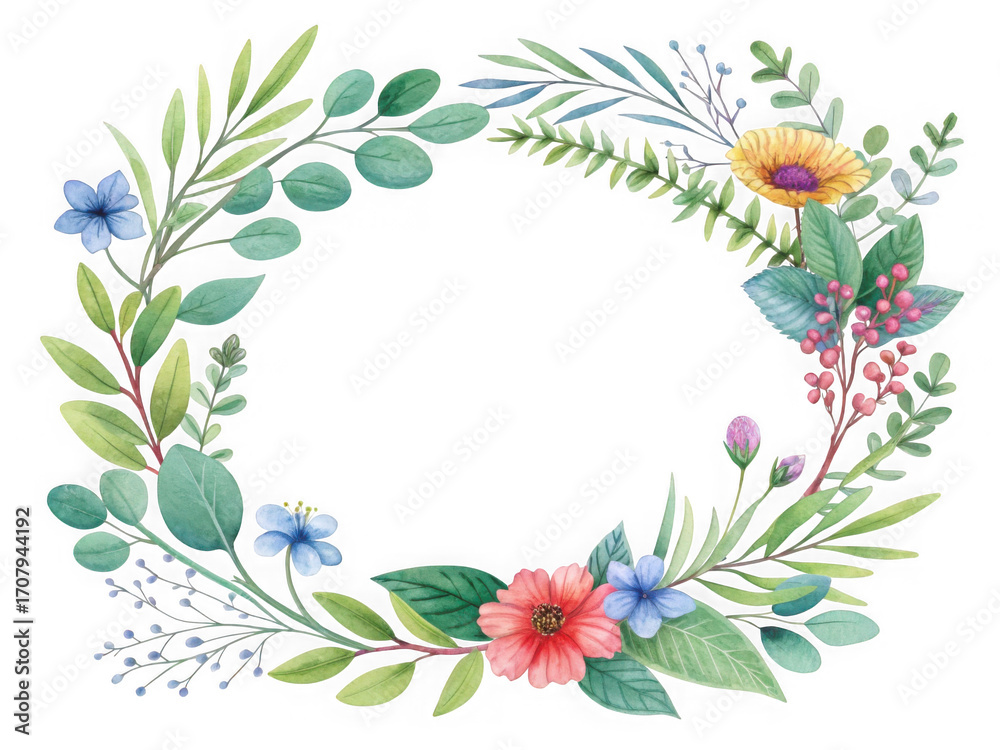 Obraz premium Delicate watercolor eucalyptus and wildflower oval floral frame design element isolated on white background