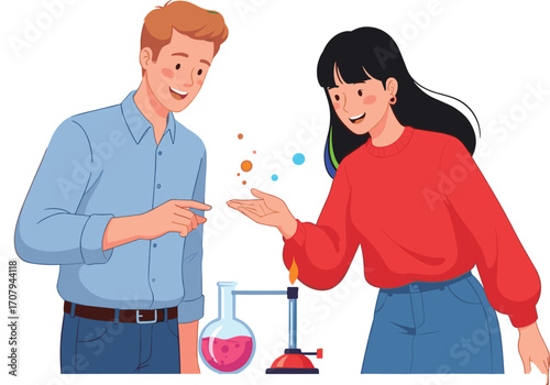 Young man and woman conducting fun chemistry experiment with Bunsen burner, laboratory glassware, science learning,