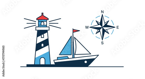 Nautical elements lighthouse sailboat and compass rose illustration.