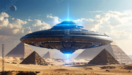 Alien mothership with glowing blue energy core hovering above the pyramids, futuristic sci-fi style, cinematic composition