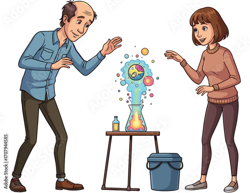 Older man and young woman amazed by colorful chemistry experiment, science demonstration, exciting reaction, educational lab