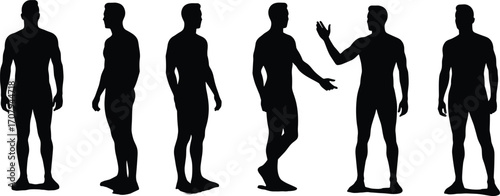 Silhouette set of standing male figures, side and front views, black vector illustration, posture reference, gesture poses, isolated on white background