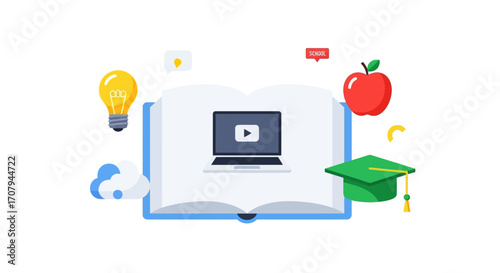 Online Education - Laptop on Open Book with Apple and Graduation Cap.