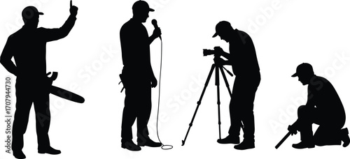 silhouette, profession, worker, career, vector, job, tool, camera, chainsaw, microphone, technician, speaker, tripod, fieldwork, illustration