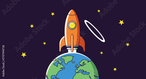 Orange rocket ship launching from planet Earth into the starry night sky.