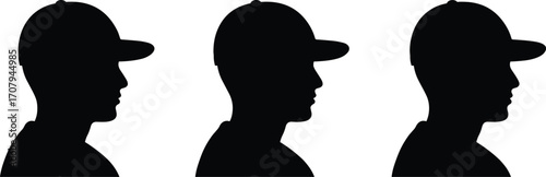 Silhouette of three identical male profiles in baseball caps, side view alignment, black and white vector for identity, uniformity stock illustration